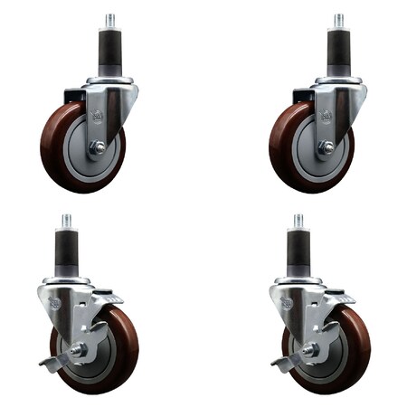 Service Caster 4'' SS Maroon Poly Wheel Swivel 1-1/4'' Expanding Stem Caster Set 2 Brakes, 4PK SCC-SSEX20S414-PPUB-MRN-2-TLB-2-114